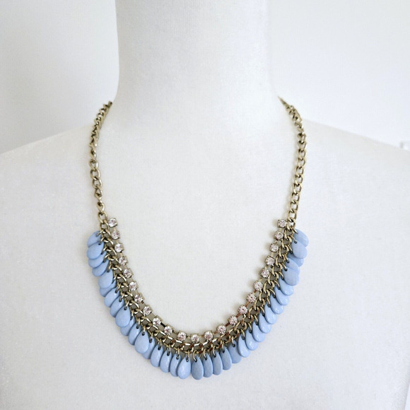 Statement Necklace Blue Beads Rhinestone Goldtone Chain Classic Retro Cocktail - Picture 1 of 12